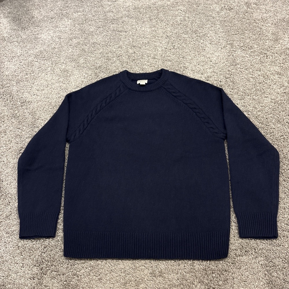J Crew Sweater Mens Medium Navy Rugged Merino Wool Blend Cable Knit Crewneck